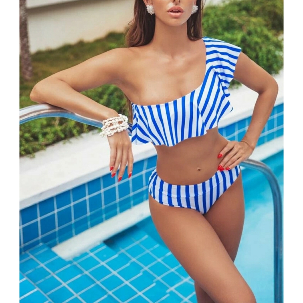 Striped One Shoulder Bikini Set